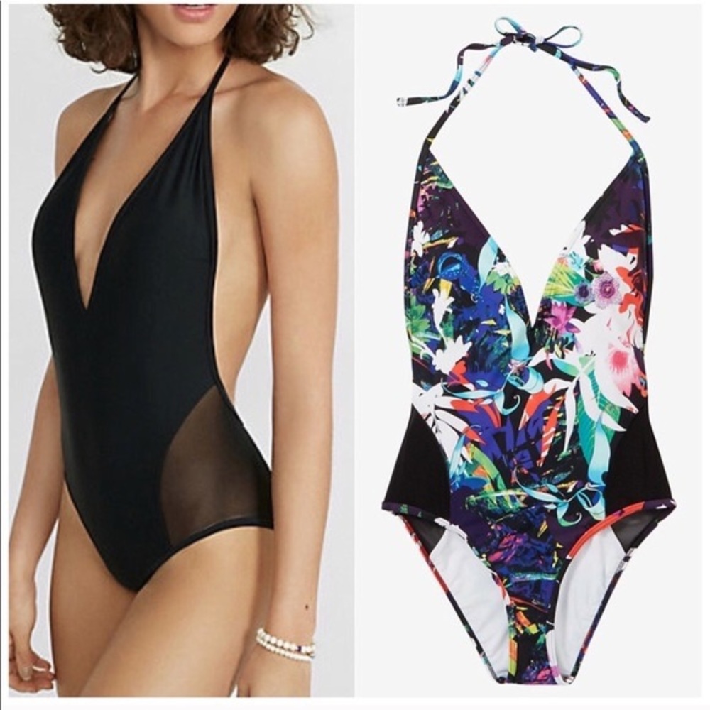 EXPRESS MESH PLUNGE MONOKINI ONE PIECE SWIMSUIT NWT